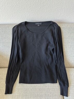 Ann Taylor Black Pleated-Sleeve Scoop Neck Top